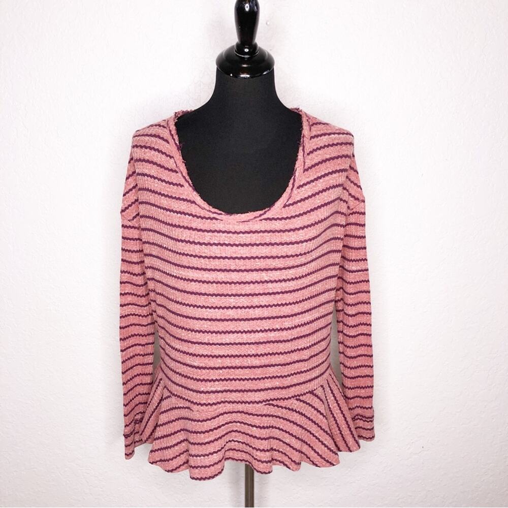 We the Free pink purple striped waffle thermal knit peplum hem top size Small